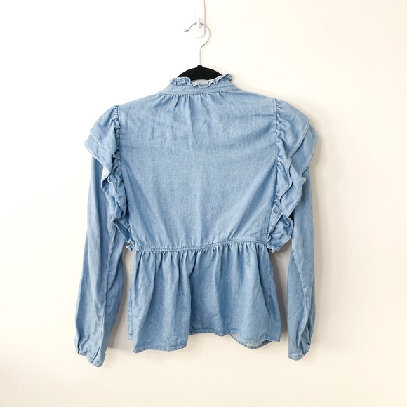 Zara Light Blue Ruffles Denim Button Down Shirt Size XS - Picture 5 of 7
